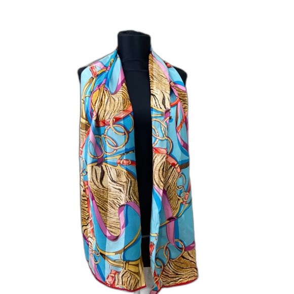 100% Silk Scarf Blue brown Equestrian Horse Bits Chain Print multifunctional - Picture 9 of 10